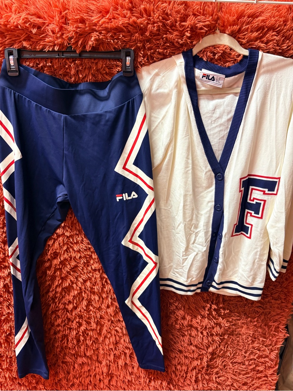 FILA Women’s Navy Leggings with Cream & Red Chevron Accents and Cardigan Set M/L
